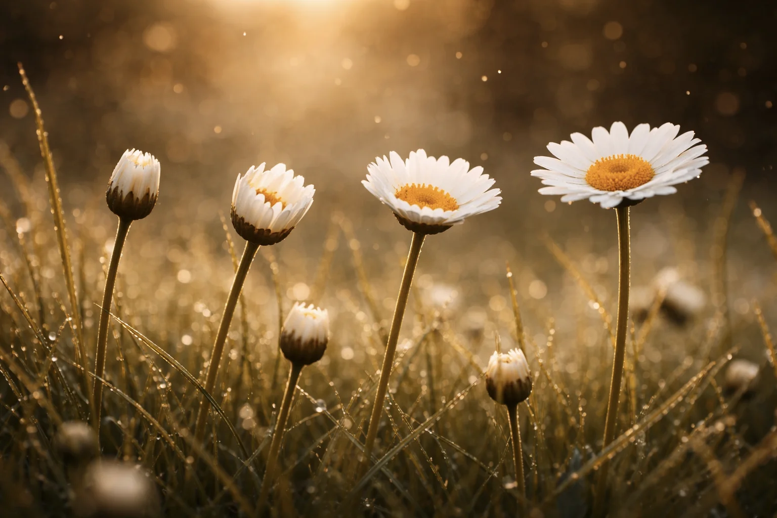 Daisies growing in morning sunlight