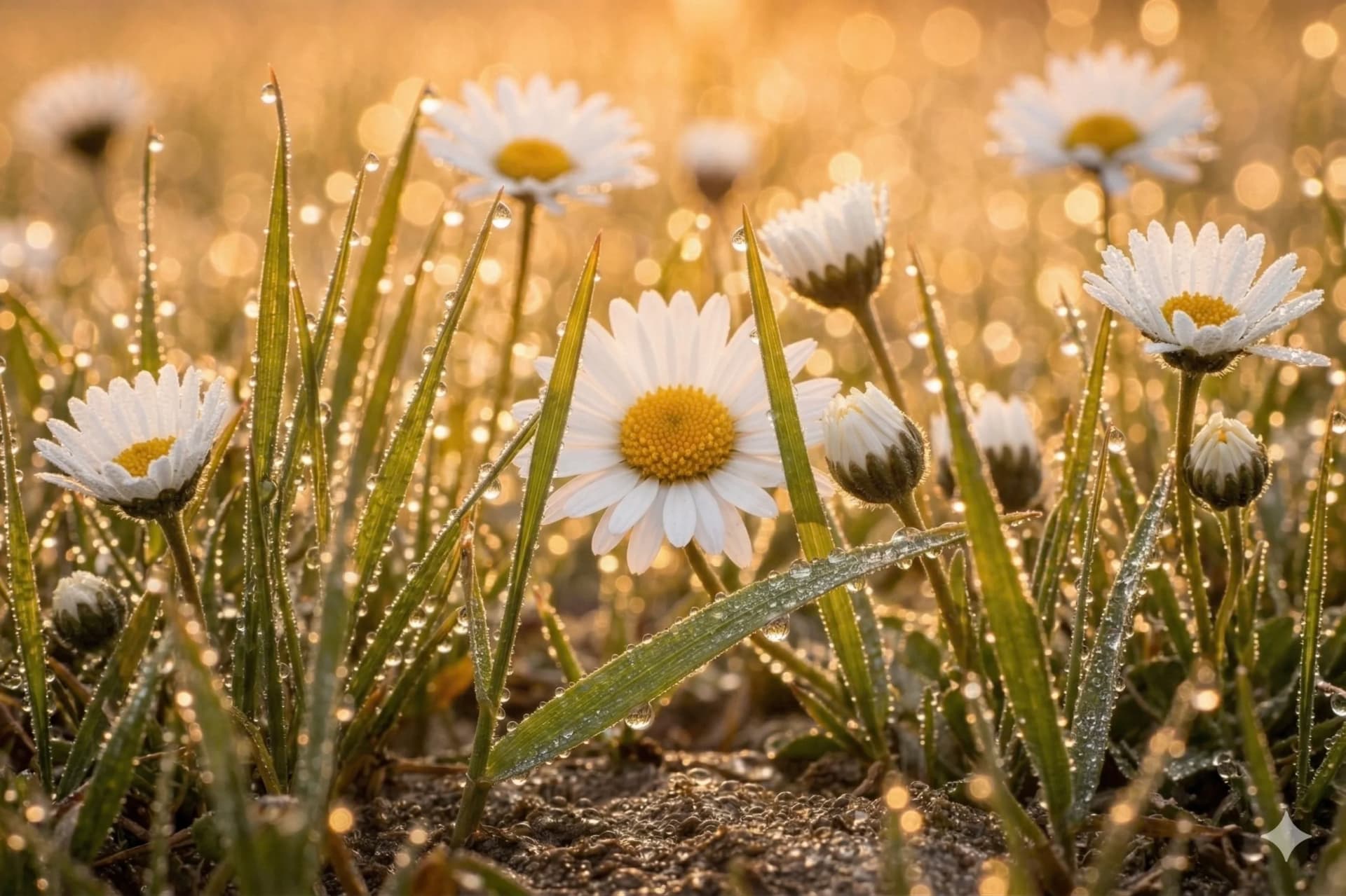 Daisies in full bloom among dewy grass
